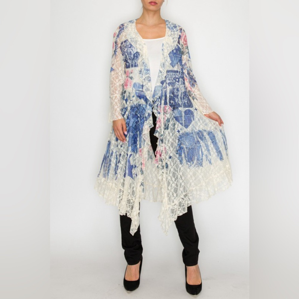 C67. Long Cardigan Duster With Ruffled Detailing